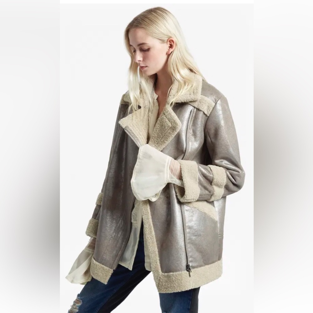 French Connection Zelda Faux Shearling Gray Metallic Jacket Size Small